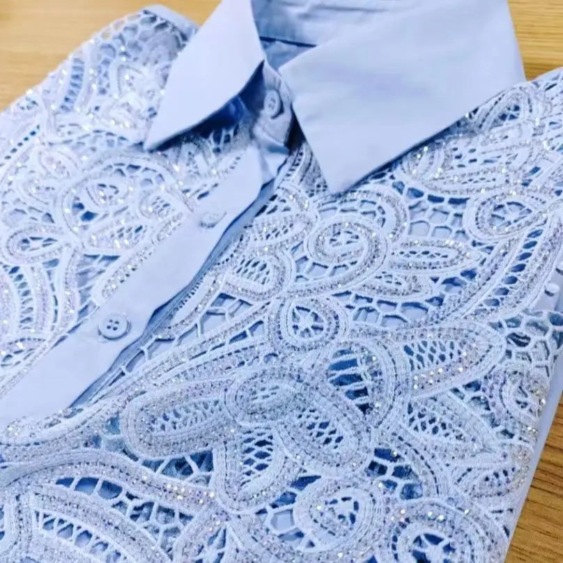 Luxury Brand Sparkle Embroidery Cotton Blue Blouses