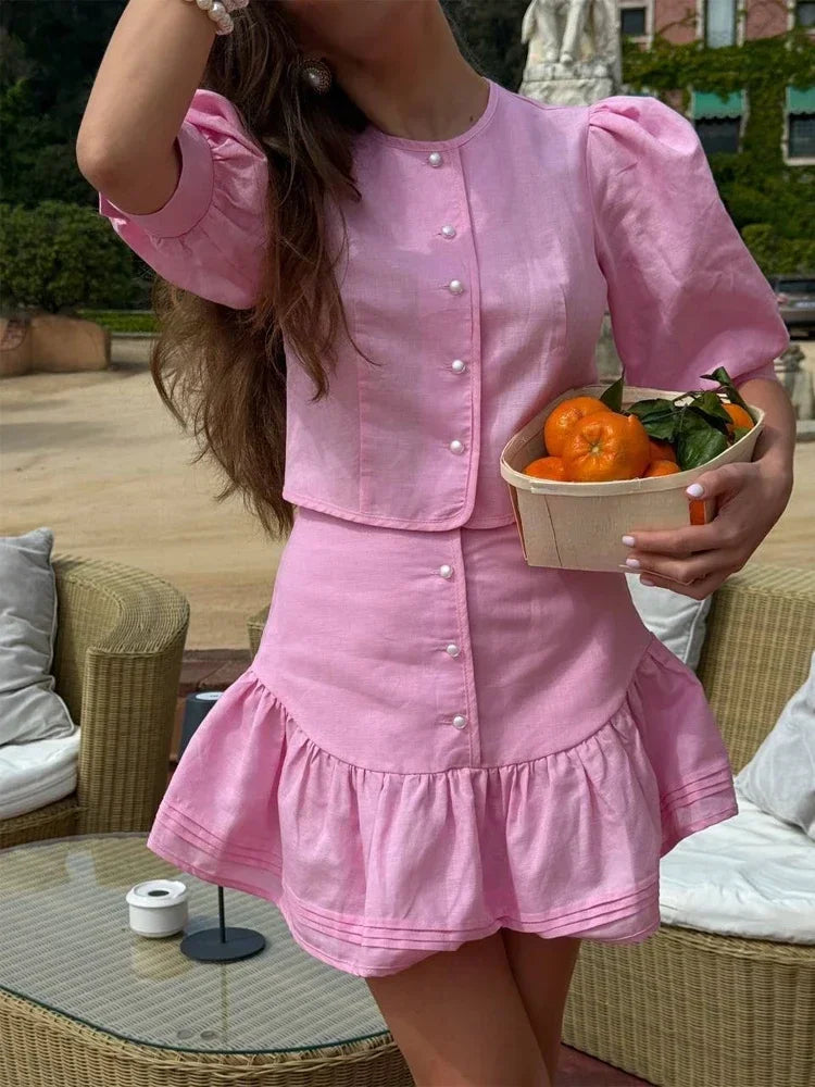 Elegant puff Sleeve Top Mini Skirt Set