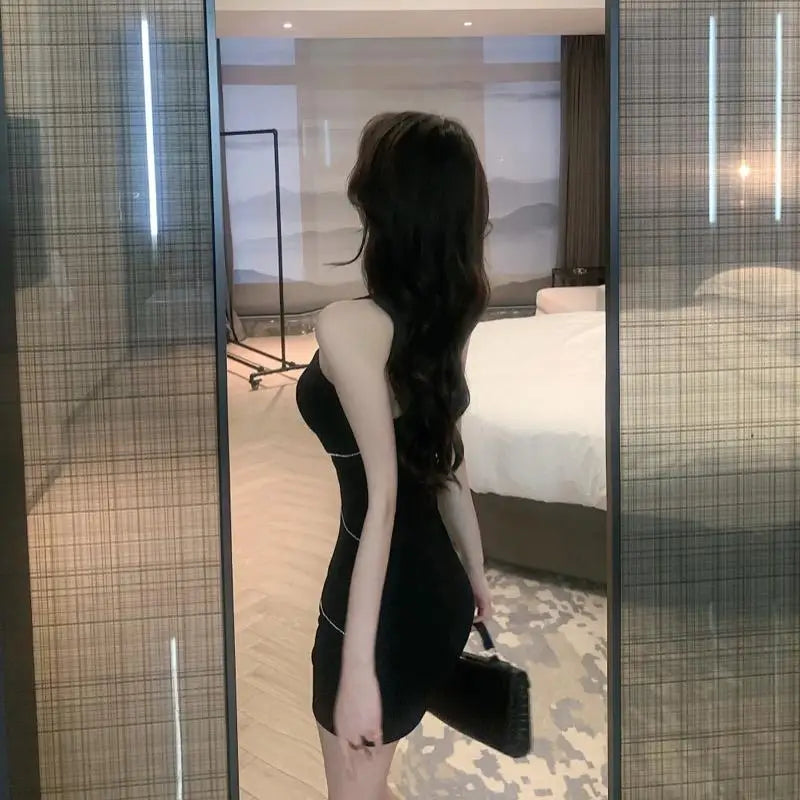 2025 Elegant Rhinestone Slim Fit Asymmetrical Dress Women Summer Party Club Little Black Dress Sleeveless One Shoulder Fashion