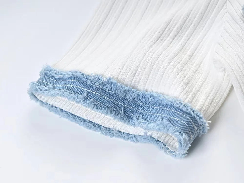 Elegant Denim Patchwork Knitted Long Dress