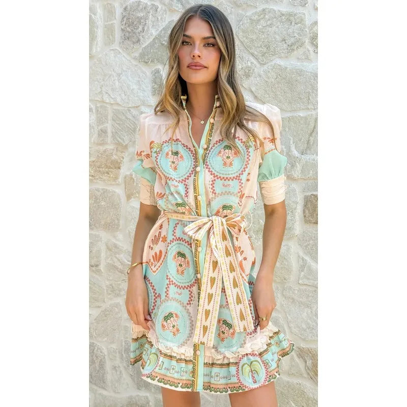 2026Linen floral print tie-neck short-sleeve dress for women