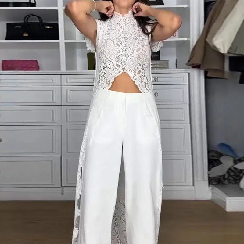 Casual Lace Long Coats Pant Set Women Solid See Through Tops Long Straight Pants Sets Female 2026 Spring Summer Lady Suits