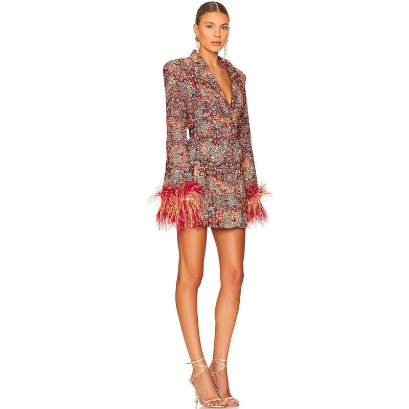 Women Sexy V Neck Floral Print Feather Long Sleeve Bodycon Party Club Event Blazer