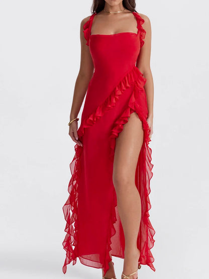 Red Ruffles Sexy Hollow Out Elegant Long Dresses