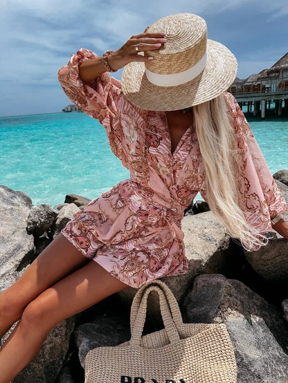 Boho Chic V-Neck Lantern Sleeve Romper