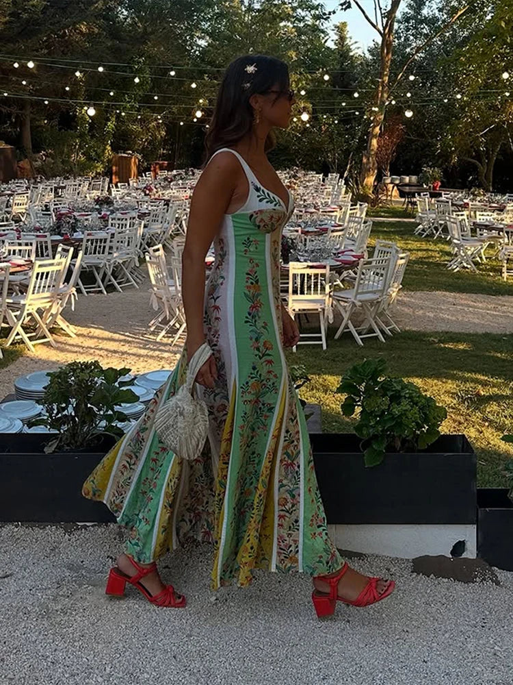 Women's Floral Print Linen Blend Maxi Dress Sweetheart Neckline Sleeveless Panelled Form With Contrast Floral Print