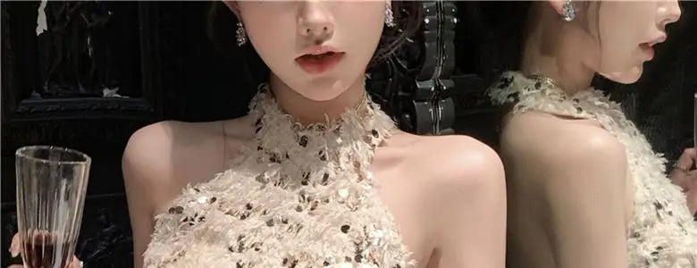 Summer New Little Fragrance Style Hot Girl Tassel Bright Particle Top Bodycon High Waist  Skirt Two Piece Set Women