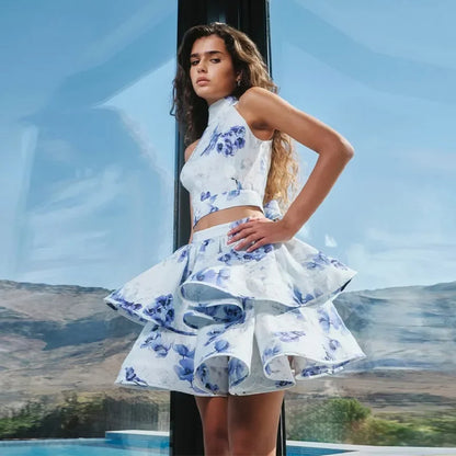 1 Sexy Print TOP & Ruffle Mini Skirt Set