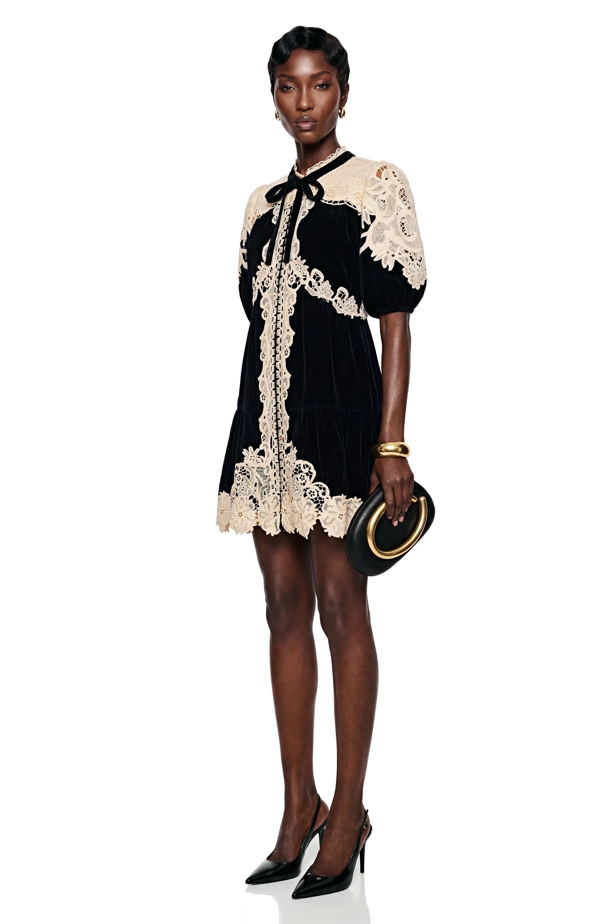 Customized Black Velvet Mini Dress Beige Crochet Lace Patchwork Puff Sleeve Bow Tie Neck Vintage Short Dress Elegant Party Dress - Shellss