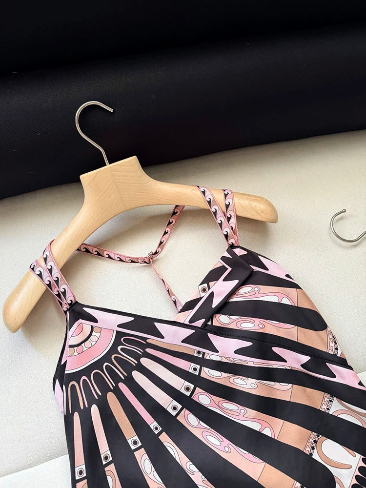 Summer Fashion Outdoors Tourism Geometric Print Asymmetrical Tops Women's Sexy Spaghetti Strap Strapless High Waist Slim Top