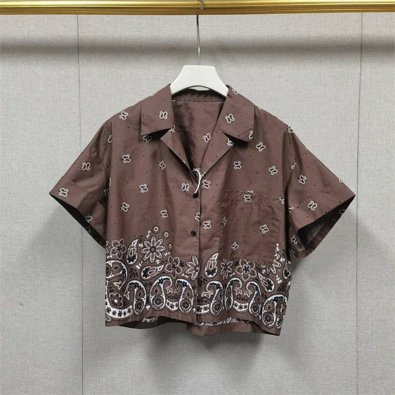 100% Cotton Women Single Breasted Vintage Print Shirt Tops + Lace-Up Shorts Summer - Shellss