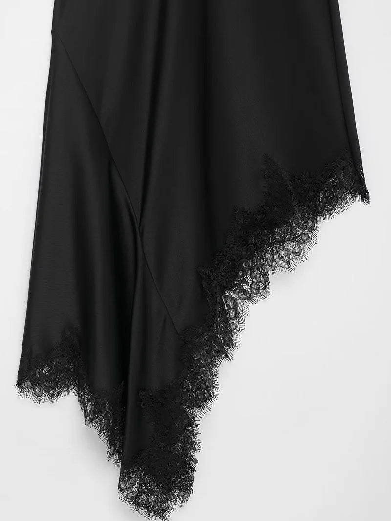 Black Lace Halter Satin Dress