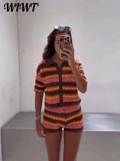 Knitting Stripe Shorts Set