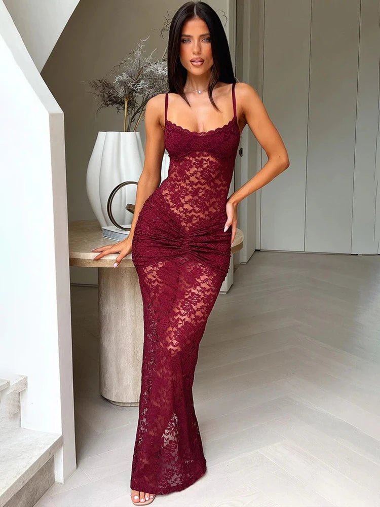 Mozision Lace Spaghetti Strap Sexy Maxi Dress Women Elegant See Through Sleeveless Backless Ruched Slinky Club Party Long Dress