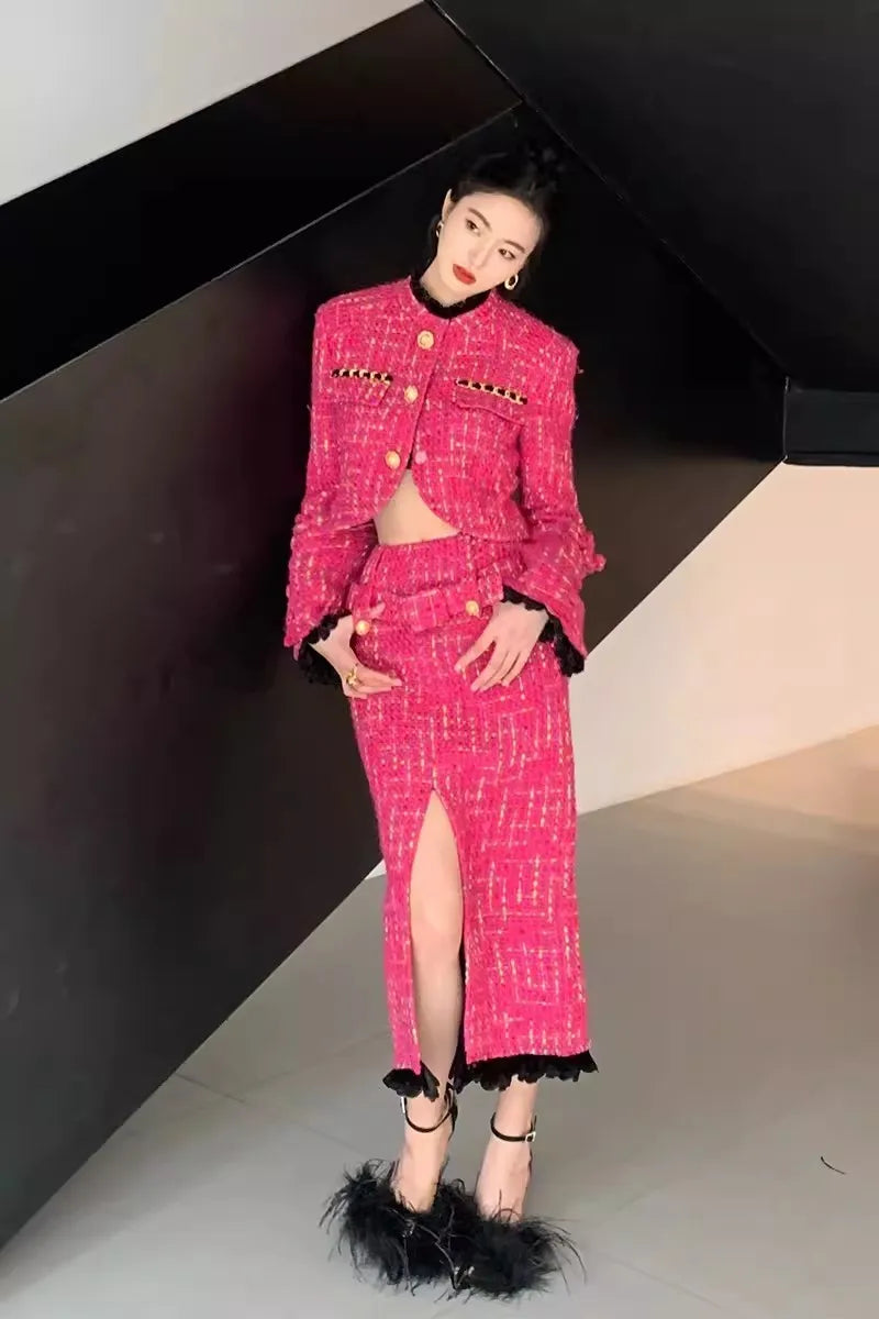 Pink Tweed Short Jacket & Skirt Two Piece - Shellss