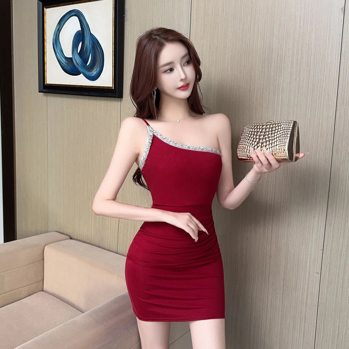 Sexy Low Cut Bodycon Dress Evening Club Single Shoulder Short Skirt Tight Fit Slimming Backless High Waist Polyester Fiber