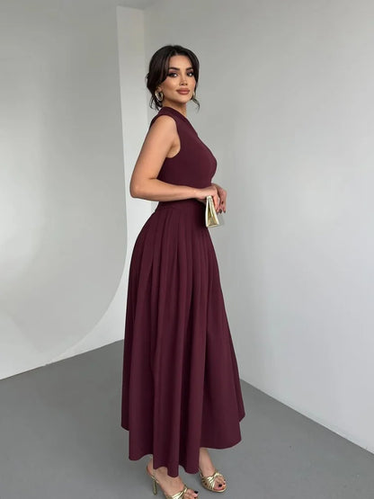 Elegant Wine Red Irregular Neck High Waist Pleated Hem