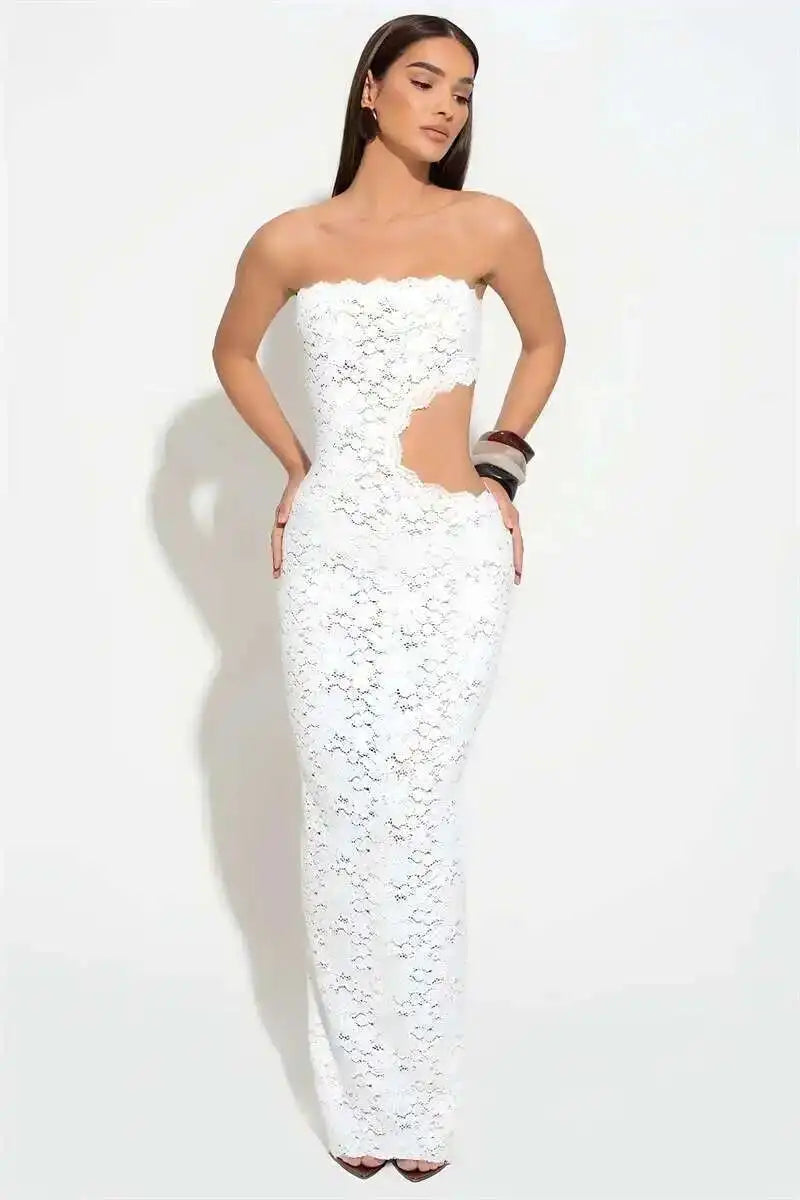 Blifanbo Backless Sexy Off-shoulder Maxi Dress Women Lace Sleeveless Strapless Hollow Out Skinny Club Party Long Dress Elegant - Shellss