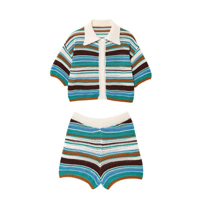 POLO collar short knitted striped shorts set