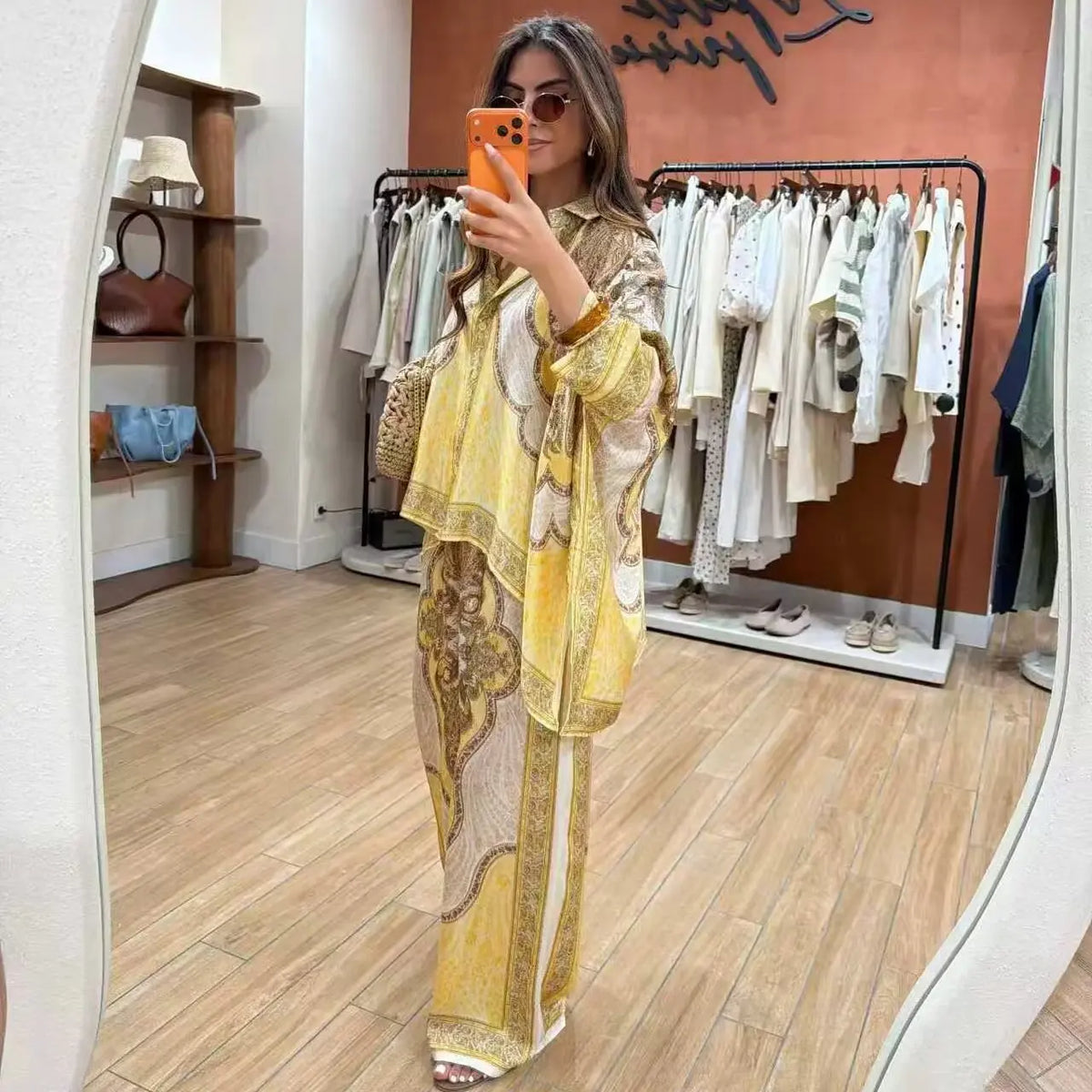 Early Autumn New Arrival Women's Fashion Simple Versatile Casual Print Set Long Sleeve Button up Polyester Fiber Two-Piece Set - Shellss