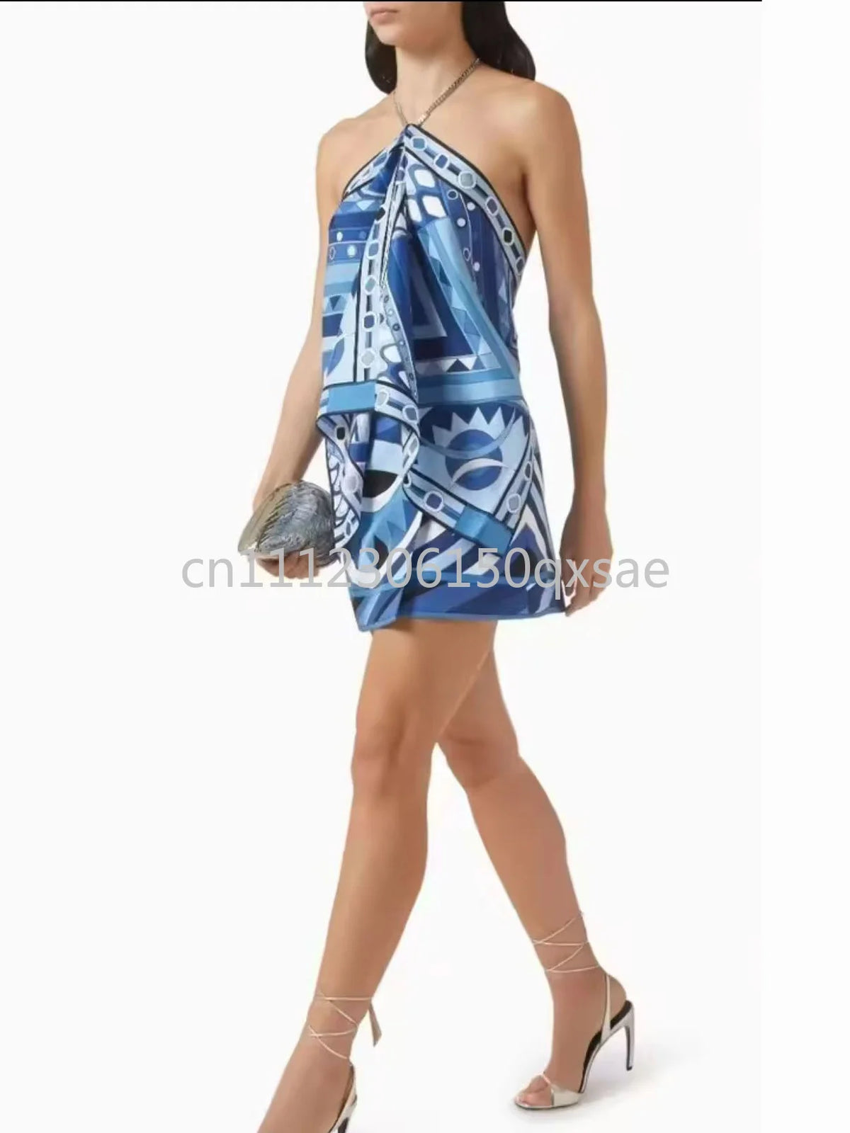 Luxury Design Women's Blue Dress Sets with Designer Signature Letter Logo Luxury Brand Lady Sexy Sleeveless Halter Tops Sets - Shellss