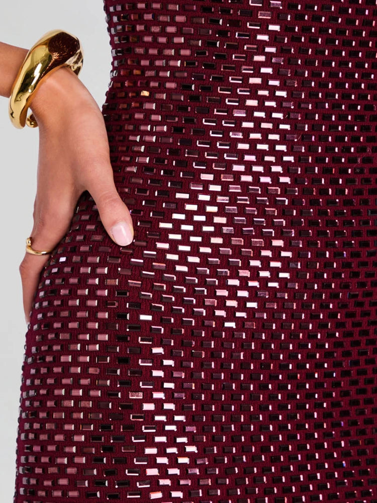 Burgundy Sequin Spaghetti Strap Midi Dress Bodycon Sparkly Evening Party Cocktail Formal Dress Women's Slim Fit Backless Gown