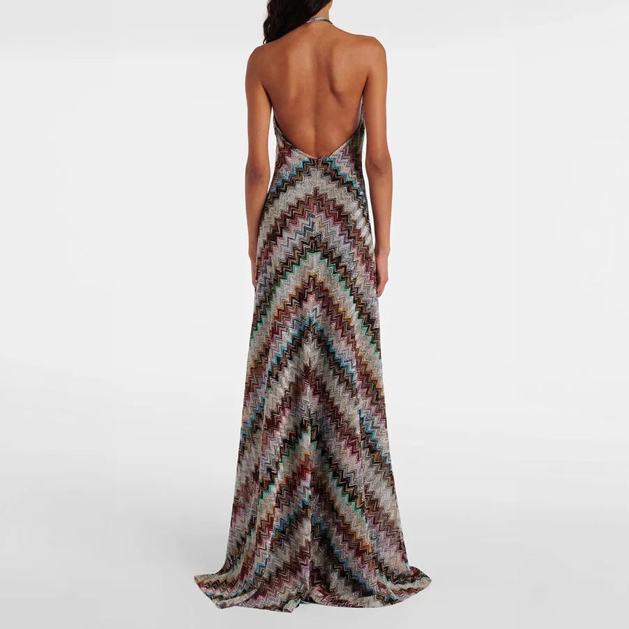 Summer New Fashion American European Women's Casual Trendy Striped Hanging Neck Sleeveless Floor Length Dresses Female Clothes