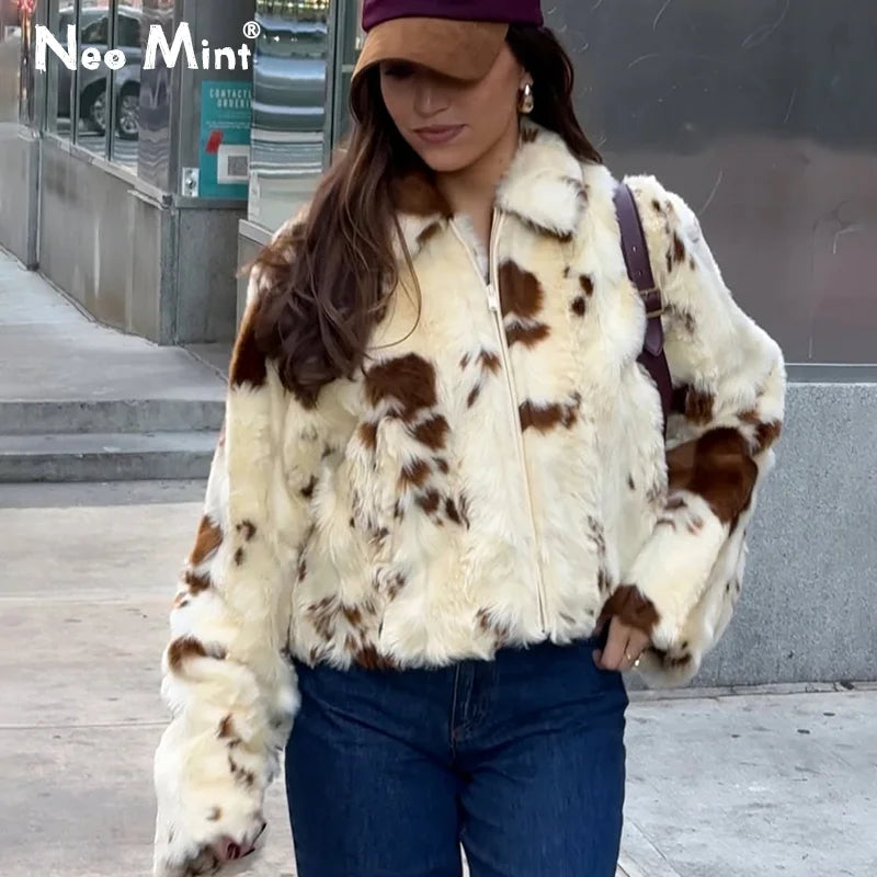 Chic Cow fur Print Fur Coat