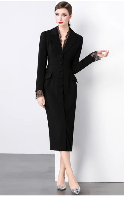 Blazer Dress Women Notched V-Neck Single-Breasted Long