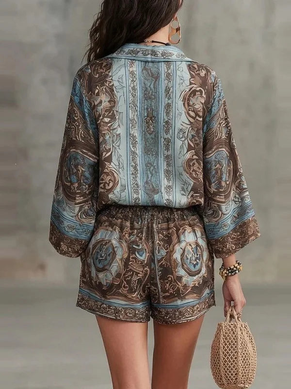 Floral Print Long Sleeve Shirt Shorts Set Women's High Waist Short Pants Outfit Casual Sportswear Two-Piece Set Polyester Fabric - Shellss