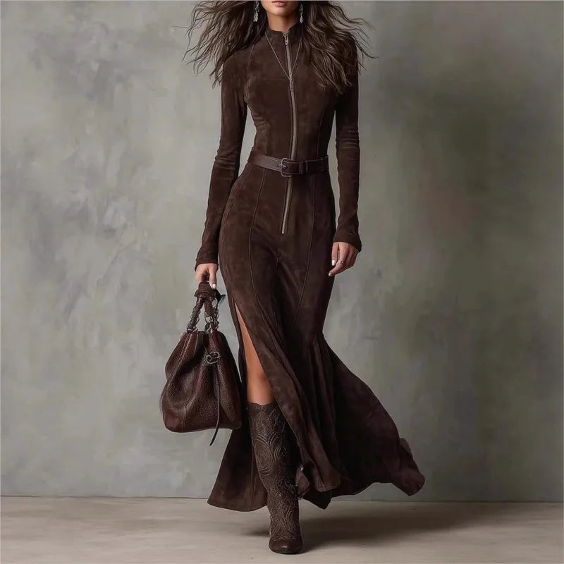 Vintage Solid Zipper LongDress
