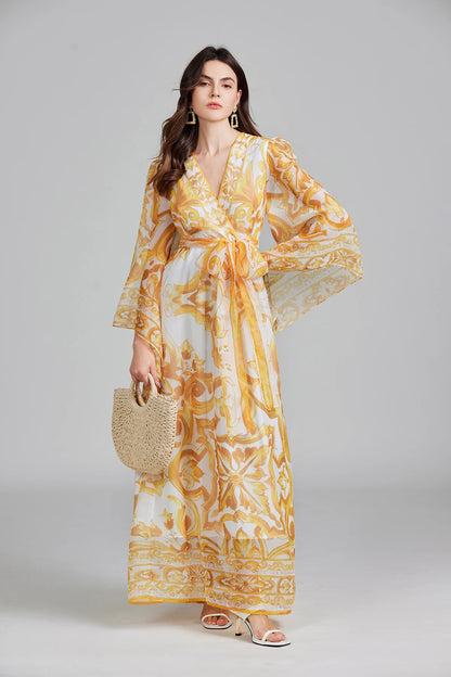 Golden White Porcelain Flower Print Lantern Sleeve