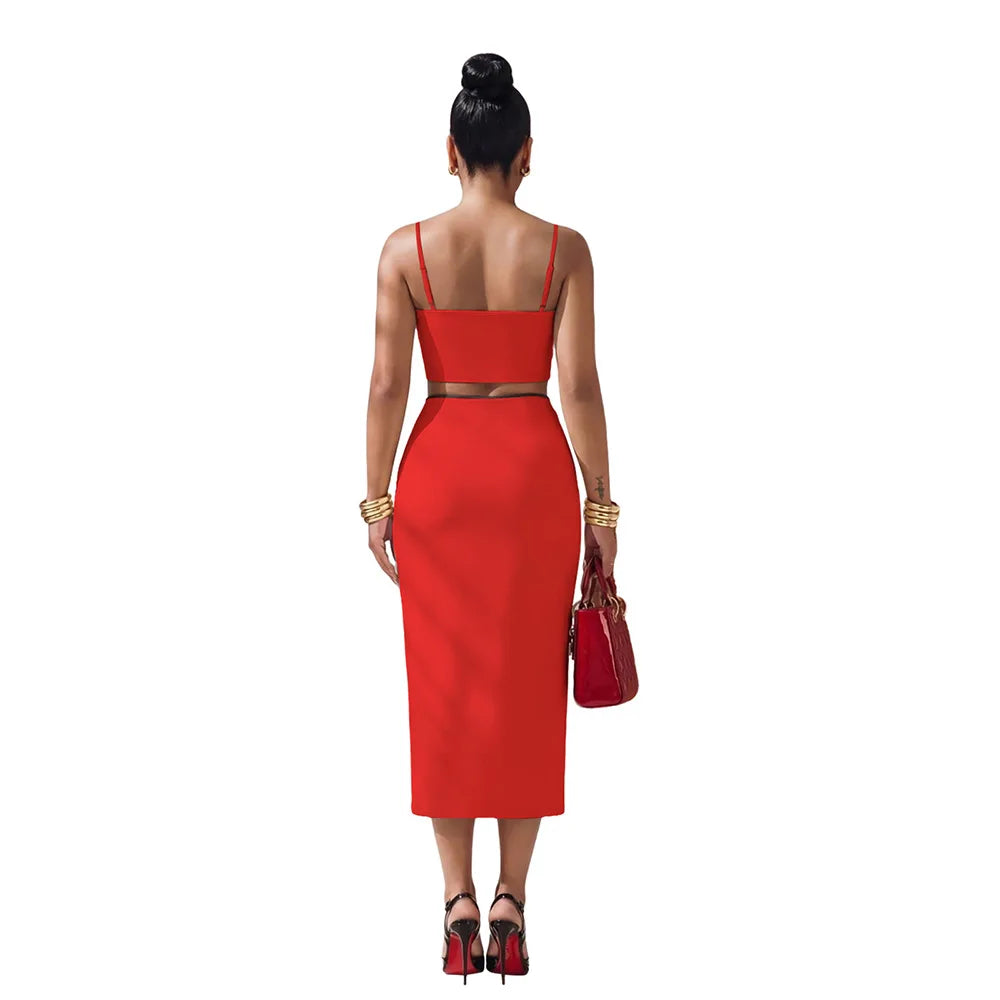 2 Piece Sets Tops And Skirt Elegant Women Sleeveless Sexy Midi Dress Fashion Evening Ladies Street Party Vestidos Summer
