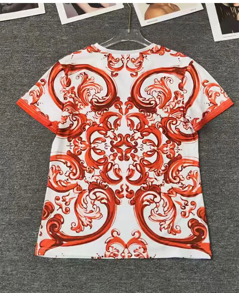 2026 Fashion Print Two-Piece Suit T-Sleeve T-Shirt round Neck Short Sleeves Big Fluffy Skirt Temperament Female Dress Code - Shellss