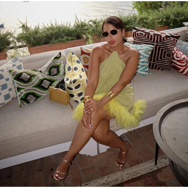 Yellow Sparkly Feathers Mini - Shellss