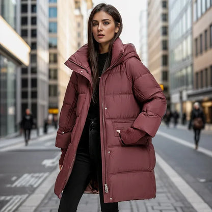 Stand Collar Hooded Parkas Pockets Coats Women Knee Length Thick Warm Jacket