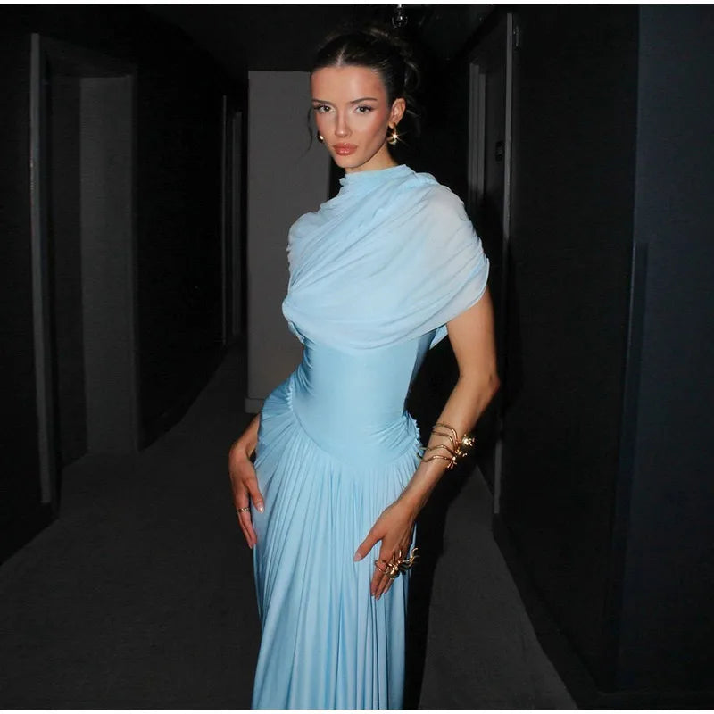 Irregular Shawl Blue Maxi Dress Women's Fashion Turtleneck Slim Fit Pleated Vestidos 2025 New Lady Evening Party Robes Summer - Shellss