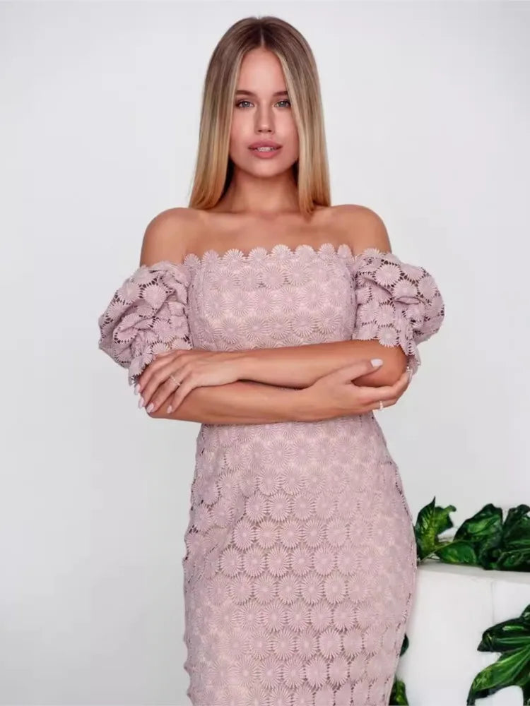 Women's Hollow Out Flower Lace Patchwork Slim Midi Dresses Temperament Solid Color Package Hip Dress Lady Commuting Vestidos - Shellss