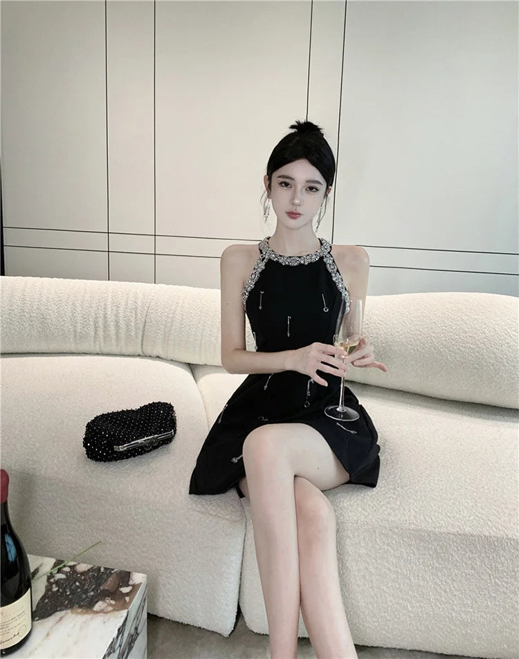 High Quality French Luxury Diamonds Beading Party Dresses For Women 2023 Summer New Elegant Fashion Sleeveless Sexy Dress Robes