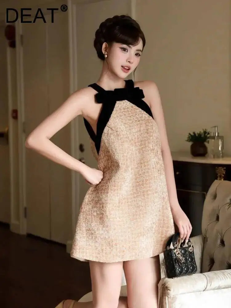 DEAT Women Halter Bow Tweed Mini Dress Color Block Neck Trim Loose Straight Cut Sleeveless Elegant Cocktail Birthday Daily