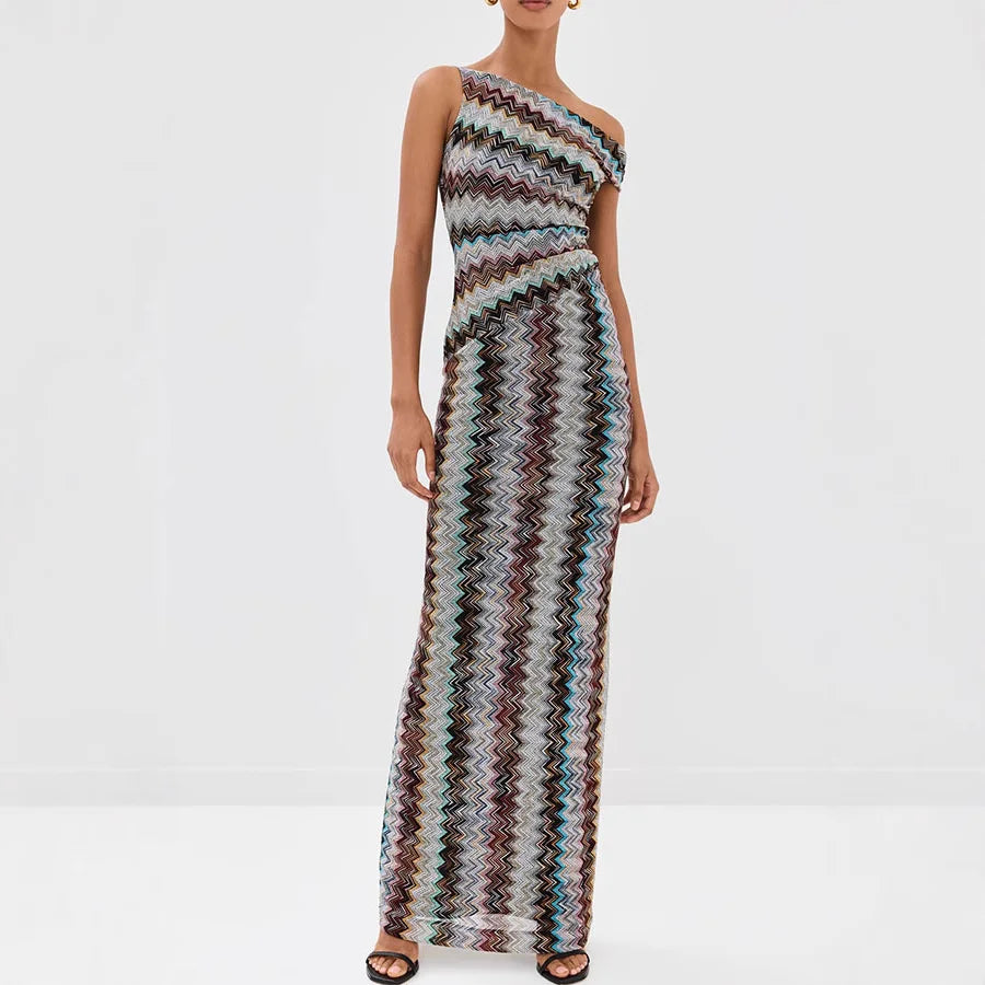 One Shoulder Maxi Dress for Women Striped Sleeveless Long Slim Fit Flowing Beach Dress – Sunset Seaside Vacation Look - Shellss