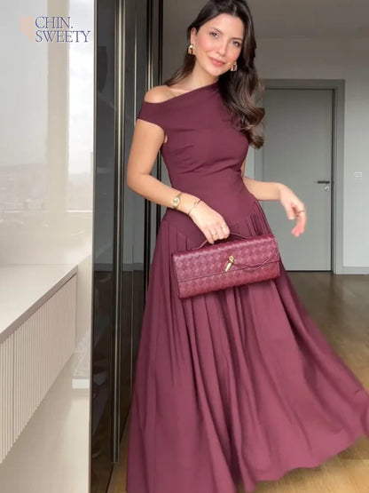 Elegant Wine Red Irregular Neck High Waist Pleated Hem