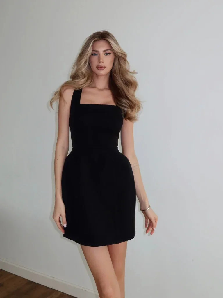 Solid Shawl Mini Dress Elegant Square-neck