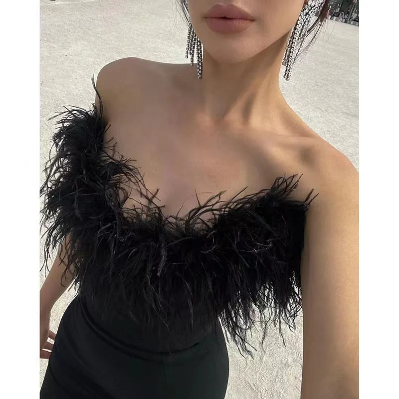 Black White Feather Strapless Bodycon  Party Premium