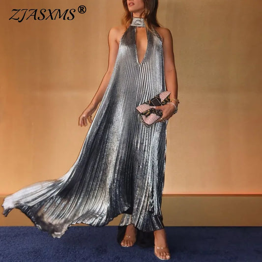 Silver Satin backless Pleated Irregular Dress