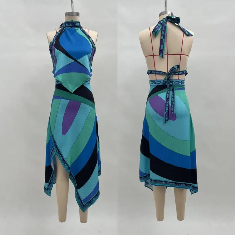 Irregular Satin Print Suit Women Halter Neck Lace Up Tank Top Midi Skirt 2 Pieces Set 2026 New Lady Summer Casual Vacation Wear