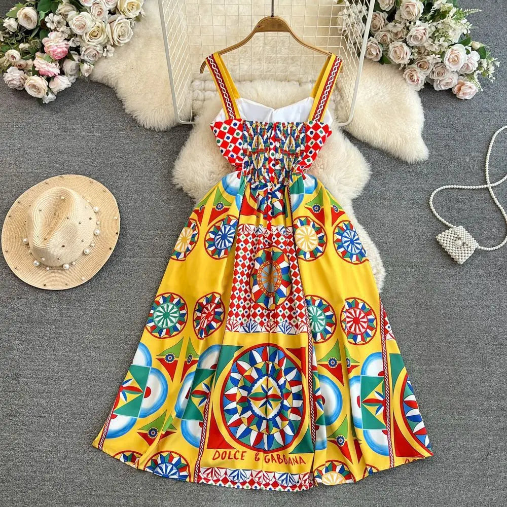 Multicolor Dolce Print Yellow Long Dress