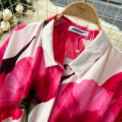 Vintage Satin Floral Pink Red