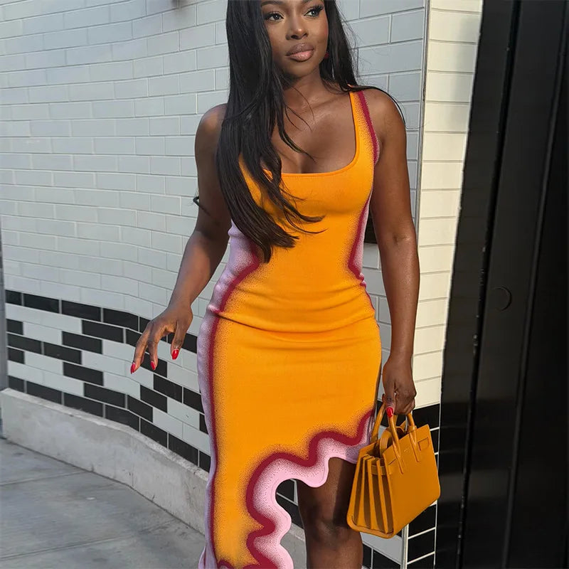 Square Neck Sleeveless Fitted Midi Dress Gradient Color Wavy Ruffle Trim Asymmetric Hem Evening Outfit For Women