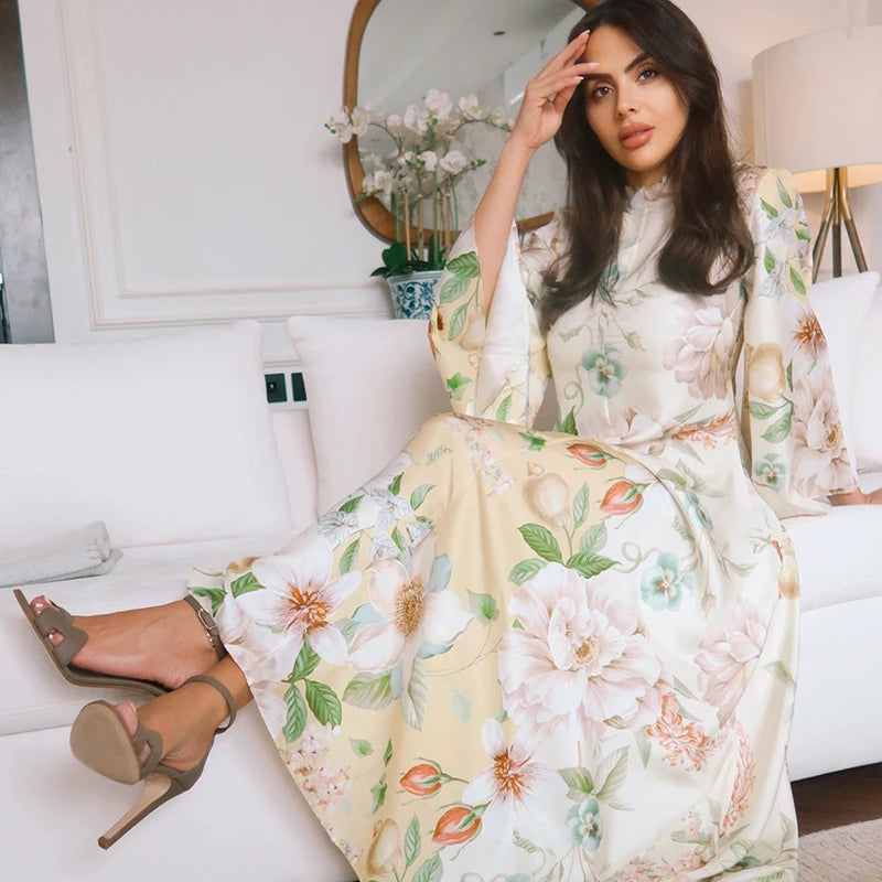Floral Print Women Dress Button Down Mock Neck Maxi Dresses Long Lantern Sleeve A-Line Waist Belt Flared Hem Elegant Streetwear - Shellss